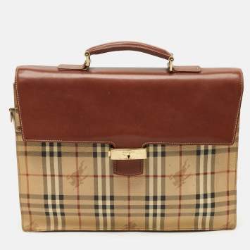 Pre Owned Burberry Brown/Beige Haymarket Coated Canvas and Leather Briefcase