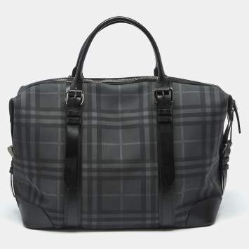 Burberry Black Check Coated Canvas and Leather Duffle Bag