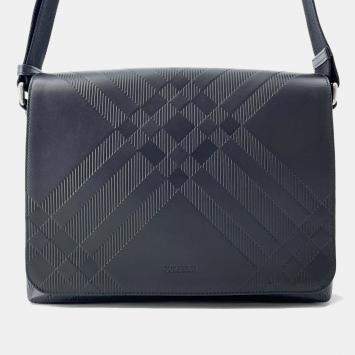 Pre Owned Burberry Embossed Check Messenger Bag Black Calf Leather