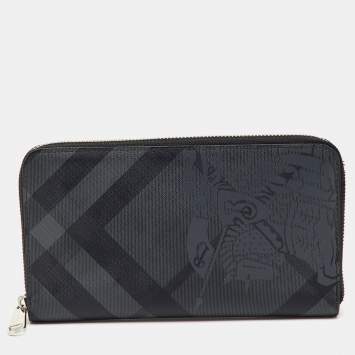 Pre Owned Burberry Black/Grey Coated Canvas Check Logo Print Zip Around Wallet