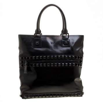 Pre Owned Burberry Black Glazed Leather Studded Tote 