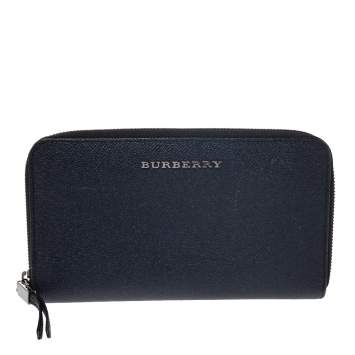 Pre Owned Burberry Navy Blue Leather Zip Around Wallet