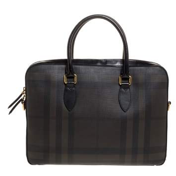 Pre Owned Burberry Dark Brown/Black Smoke Check PVC and Leather Laptop Bag