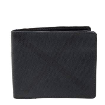 Pre Owned Burberry Navy Blue/Black Check Coated Canvas Bill Bifold Wallet