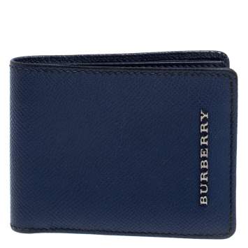 Pre Owned Burberry Navy Blue Leather Logo Bifold Compact Wallet