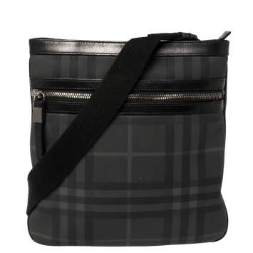 Pre Owned Burberry Black London Check Coated Canvas and Leather Slim Messenger Bag