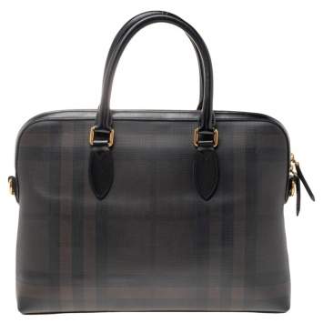 Pre Owned Burberry Dark Brown/Grey Smoke Check PVC and Leather Laptop Bag