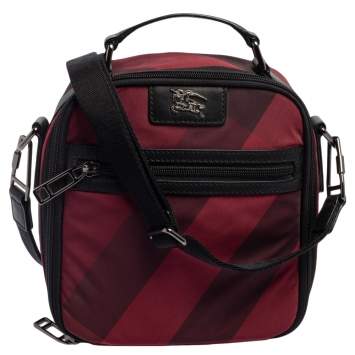 Pre Owned Burberry Red/Black Check Nylon and Leather Zip Around Messenger Bag