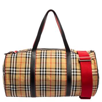 Pre Owned Burberry Multicolor Vintage Check Nylon And Leather Large Kennedy Barrel Bag