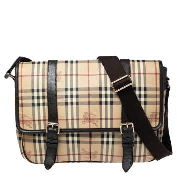 Pre Owned Burberry Beige/Brown Haymarket Coated Canvas and Leather Newton Messenger Bag