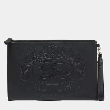 Pre Owned Burberry Black Leather Embossed Crest Wristlet Clutch