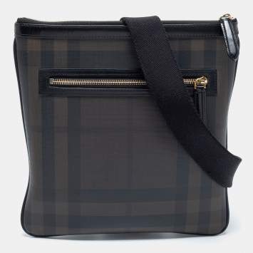 Pre Owned Burberry Black/Dark Brown Smoke Checked PVC And Leather Messenger Bag