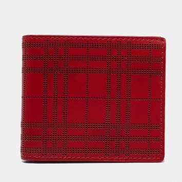 Pre Owned Burberry Red Perforated Leather Bill Bifold Wallet