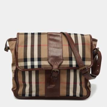 Pre Owned Burberry Beige/Brown Housecheck Canvas and Leather Messenger Bag