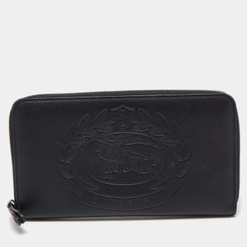 Pre Owned Burberry Black Leather Embossed Crest Zip Around Wallet