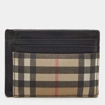 Pre Owned Burberry Black/Beige House Check Coated Canvas and Leather Money Clip Card Holder