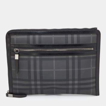 Pre Owned Burberry Grey/Black  London Check Coated Canvas and Leather Documents Portfolio Case