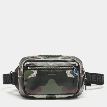 Pre Owned Burberry Green Camo Print Coated Canvas and Leather West Belt Bag