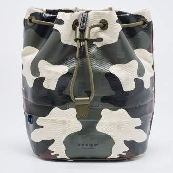 Pre Owned Burberry Green Camouflage Coated and Canvas Phoebe Drawstring Pouch