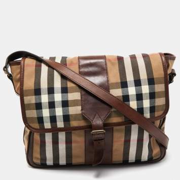 Pre Owned Burberry Brown/Beige Beige House Check Canvas and Leather Messenger Bag