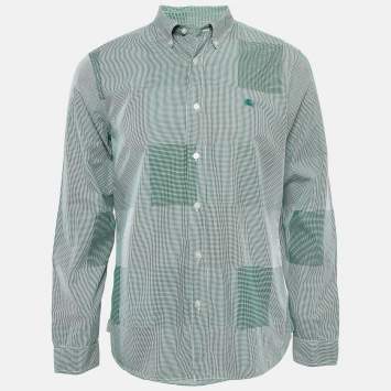 Pre Owned Burberry Green Gingham Logo Embroidered Cotton Buttoned Down Shirt L