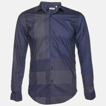 Pre Owned Burberry Navy Blue Printed Cotton Button Down Shirt S