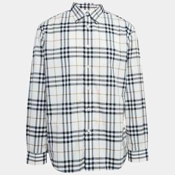 مملوكة مسبقًا Burberry White Caxton Checks Cotton Long Sleeve Shirt XXL