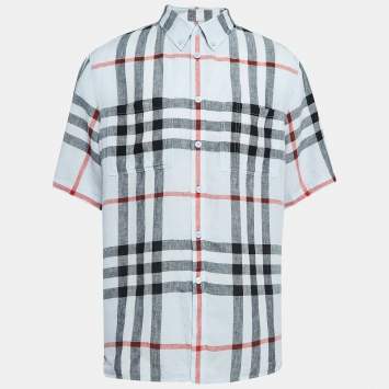 Pre Owned Burberry Blue Checked Linen Short Sleeve Shirt XL