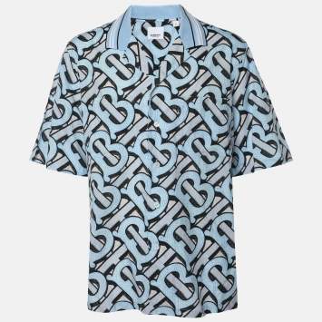 Pre Owned Burberry Blue TB Logo Monogram Cotton & Knit Collar Detail Bowling Shirt XL