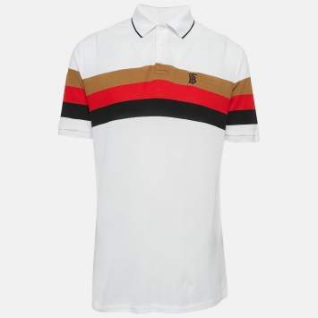 مملوكة مسبقًا Burberry White Striped Cotton Pique Polo T-Shirt M