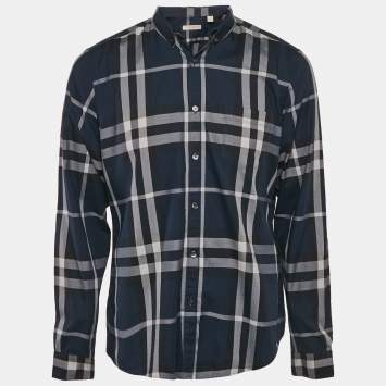 Pre Owned Burberry Navy Blue Plaid Cotton Button Down Shirt L