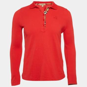 Pre Owned Burberry Red Cotton Pique Polo Long Sleeve T-Shirt M