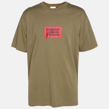 Pre Owned Burberry Olive Green Cotton Fenson Square Logo T-Shirts L