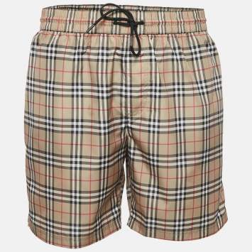 Pre Owned Burberry Beige Checks Synthetic Swim Shorts L