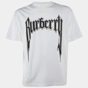 Pre Owned Burberry Off White/Black Printed Cotton Crew Neck T Shirt XS