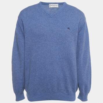 Burberry Blue Wool Knit V-Neck Sweater XL