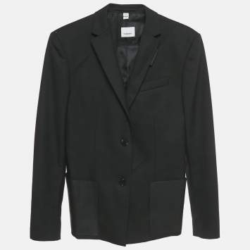 Pre Owned Burberry Black Leather Pocket Wool Blazer XXS
