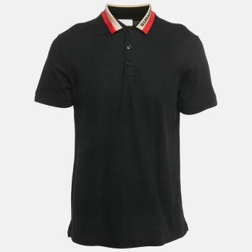 Pre Owned Burberry Black Striped Logo Trim Cotton Edney Polo T-Shirt L