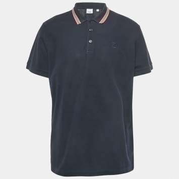 Pre Owned Burberry Navy Blue Cotton Striped Collar Detail Pierson Polo T-Shirt XXL