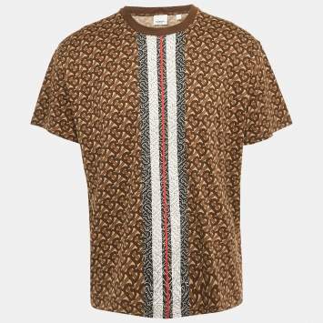 Pre Owned Burberry Brown TB Monogram Striped Cotton Crew Neck T-Shirt L