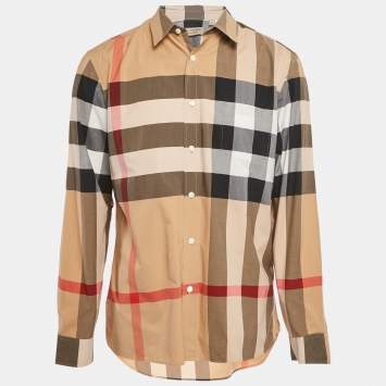مملوكة مسبقًا Burberry Beige Checked Cotton Full Sleeve Shirt XL