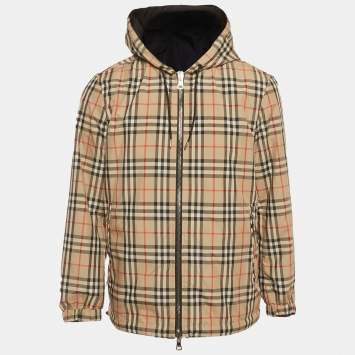 مملوكة مسبقًا Burberry Black Check Synthetic Reversible Hooded Jacket XS