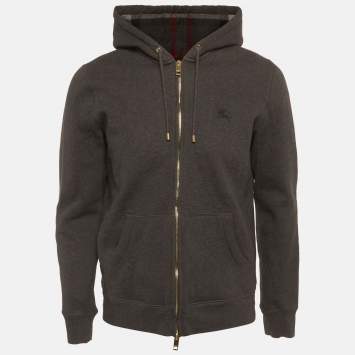 مملوكة مسبقًا Burberry Dark Grey Cotton Knit Zip Front Hooded Jacket L