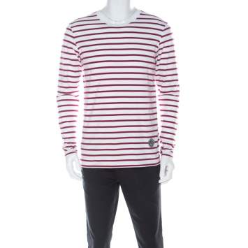 Pre Owned Burberry Red and White Striped Cotton Patch Detail Long Sleeve T Shirt L 