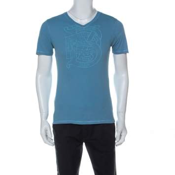 Pre Owned Burberry London Aqua Blue Tonal Print Cotton V Neck T-ShIrt S