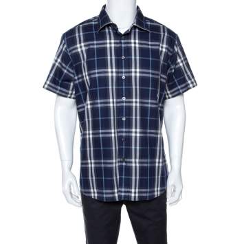 Pre Owned Burberry Navy Blue Plaid Cotton Slim Fit Short Sleeve Shirt XXL 