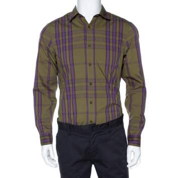 Pre Owned Burberry Brit Olive Green Checked Cotton Long Sleeve Shirt M