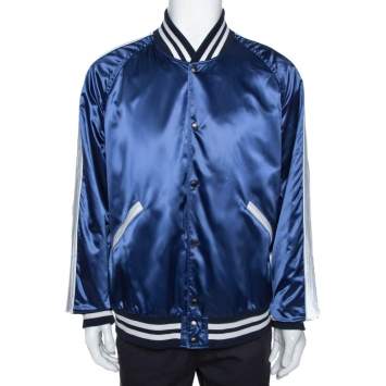 Pre Owned Burberry Blue Satin Varsity Bomber Jacket XXXL