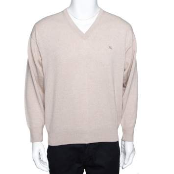 مملوكة مسبقًا Burberry Vintage Beige Merino Wool V Neck Sweater XL