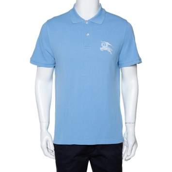 Pre Owned Burberry Blue Logo Embroidered Cotton Pique Polo T-Shirt XL
